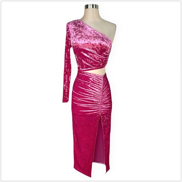 Saylor Niamh Pink Stretch Velvet Asymmetrical Side Cut Out Midi Dress NWT New XS - Picture 6 of 9